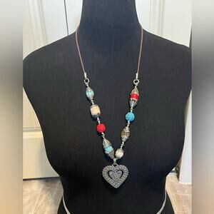 Lucky Brand large silver heart necklace with turquoise, red beads